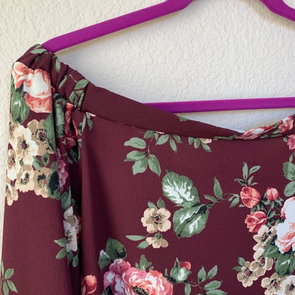 Burgundy Off Shoulder Floral Blouse Flare Sleeves - Picture 3 of 5